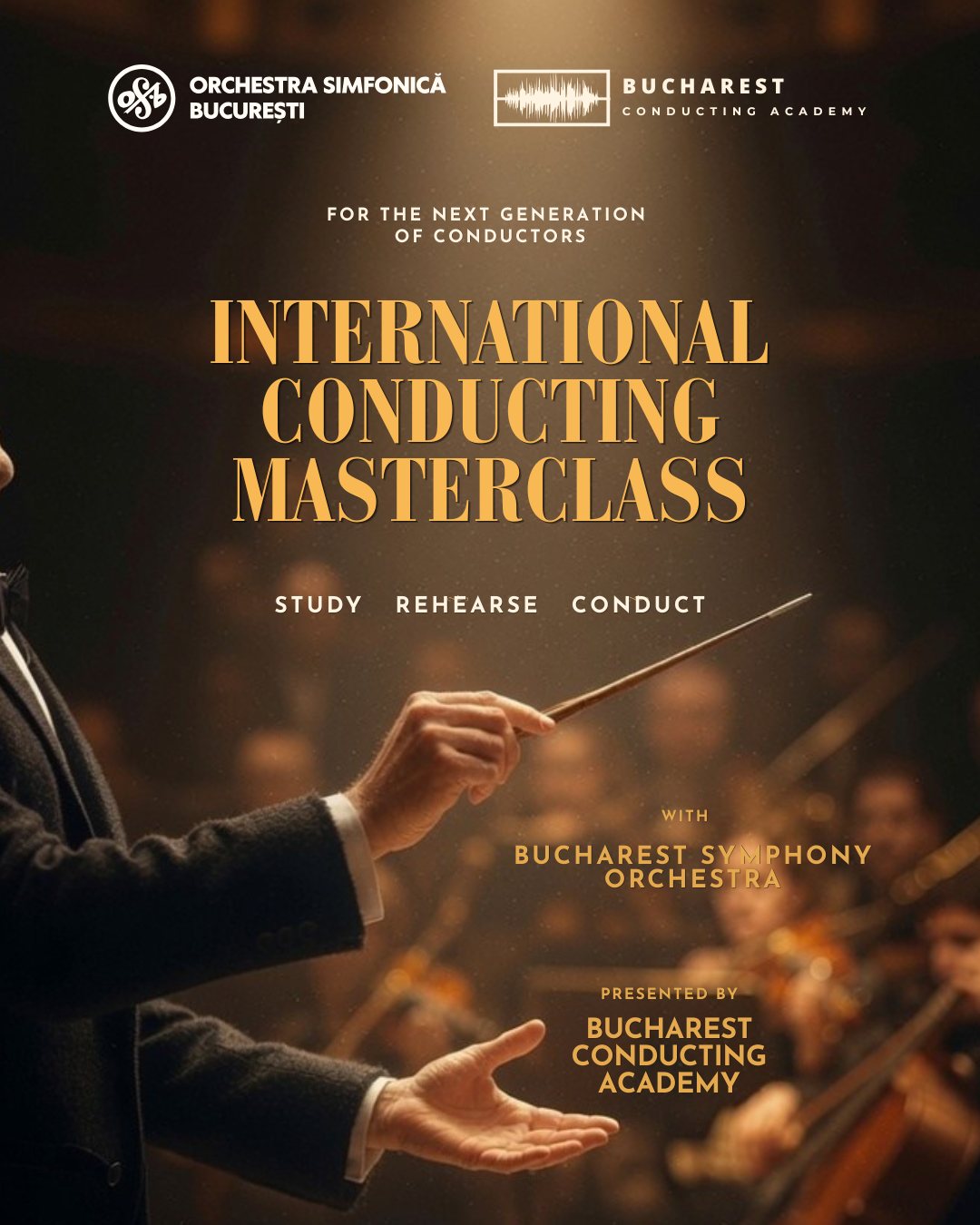 Afișul International Conducting Masterclass: mâinile unui dirijor, cu bagheta ridicată